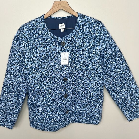 J.Crew Women's Petite Short Quilted Cotton-Blend Jacket NWT Size 6P Blue Floral - Picture 4 of 15